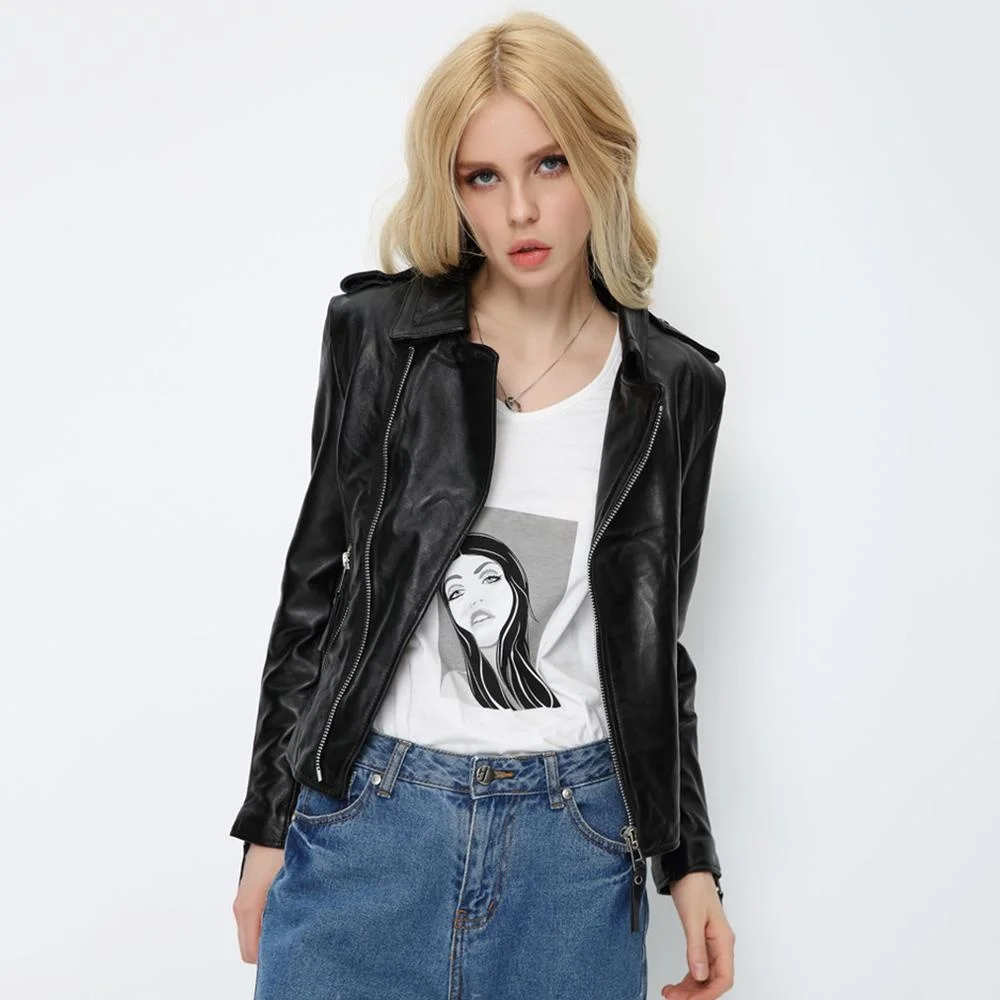 Genuine Women Black Lambskin Leather Jackets Autumn Slim Short Motorcycle Biker Coats Ladies Real Leather Outwear Chaqueta Mujer