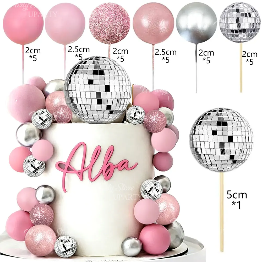 31-teiliges Disco-Kugel-Kuchendekor-Set, Perlglanz-Rosa Kuchenkugeln, Spiegel-Discokugeln zur Kuchendekoration für Geburtstag, Hochzeit und Party – Detail 1