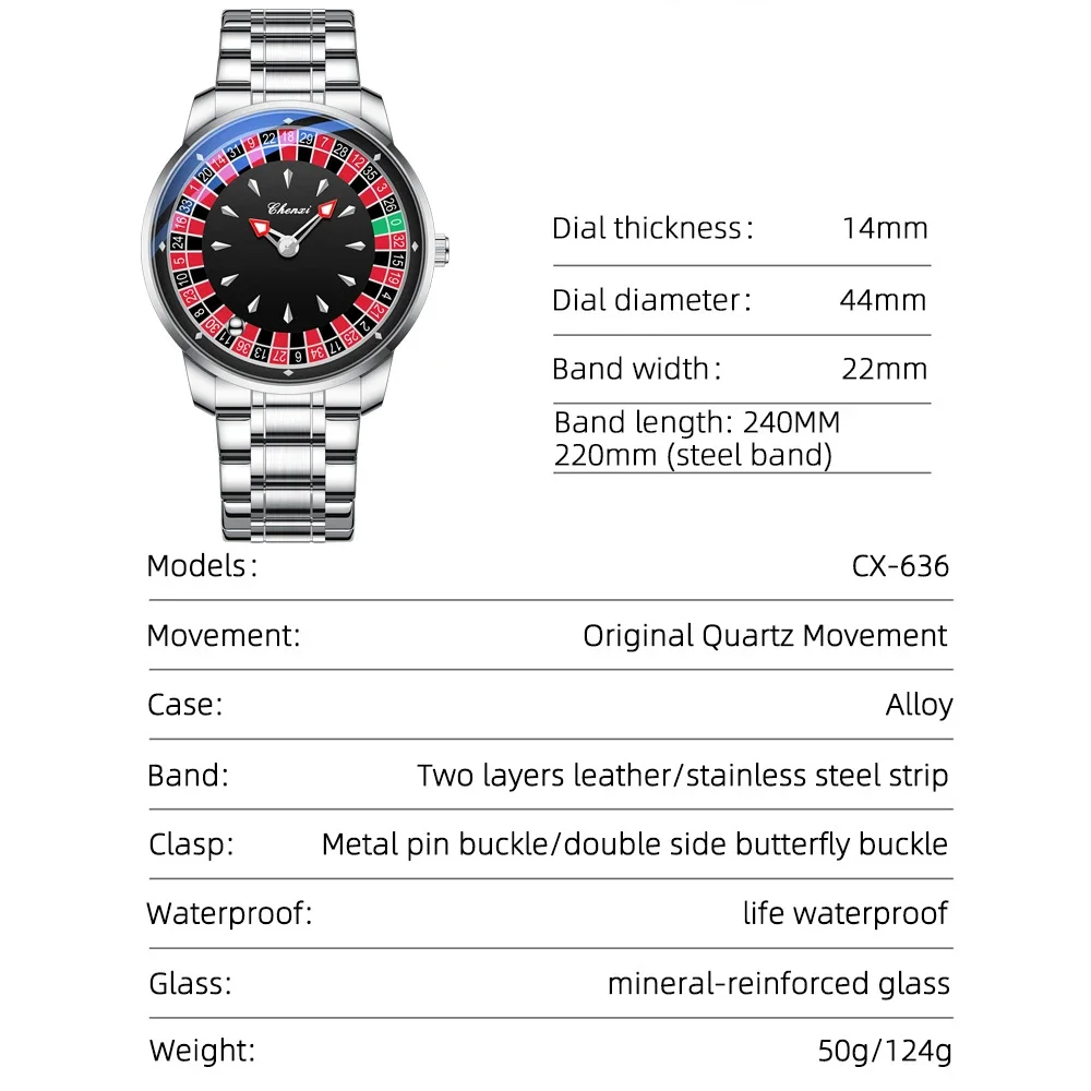 CHENXI Unique Roulette Turntable Dial Men Watch Luminous Hands Waterproof Stainless Steel & Leather Strap Quartz Wristwatch