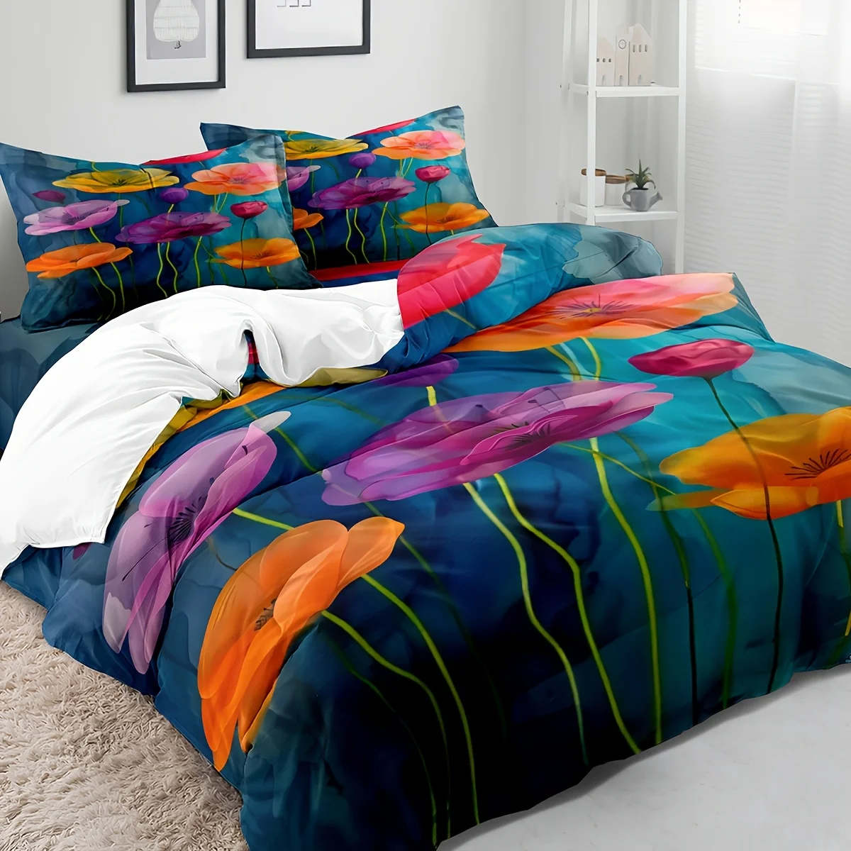 

3pcs Vibrant Floral Quilt Cover Set - Soft Colorful Tulip & Lotus Design, Includes 1 Duvet Cover & 2 Shams Machine Washable
