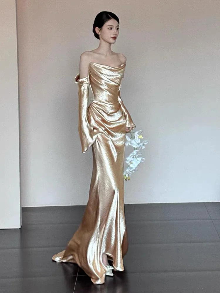 Ele Avondjurk met één schouder, trouwjurk met sleep voor verloving en ochtendhots, aanpasbaar lang Sve Floor L...