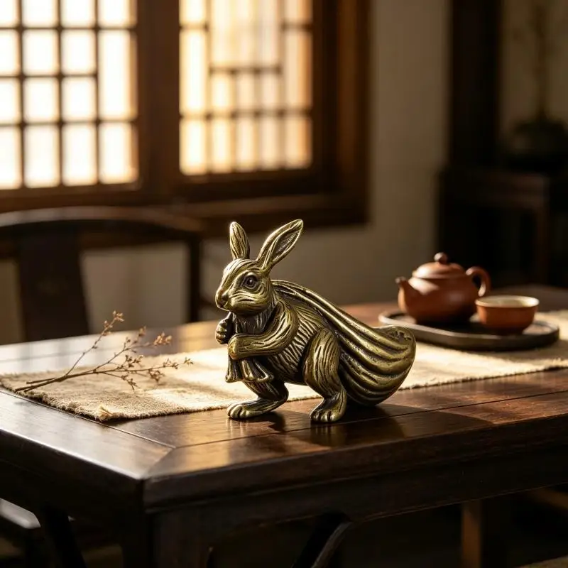 Copper Rabbit Figurines Miniatures Chinese Feng Shui Ornaments Desktop Decorations Craft Retro Animal Pull Money Bag Statue