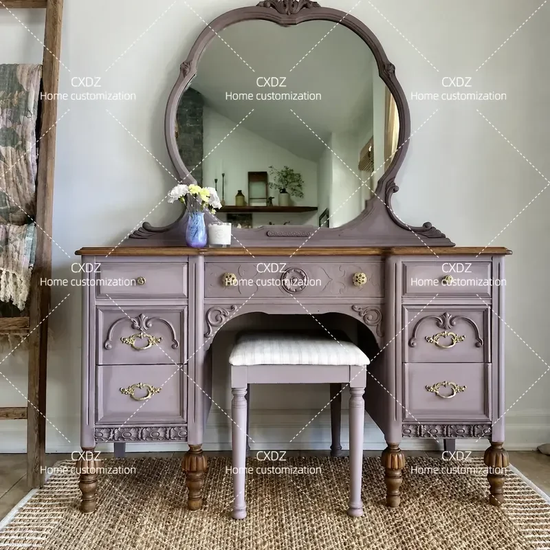 Retro Solid Wood Dresser Small Bedroom Carved Makeup Table High End Multi Functional Vanity Desk for Home
