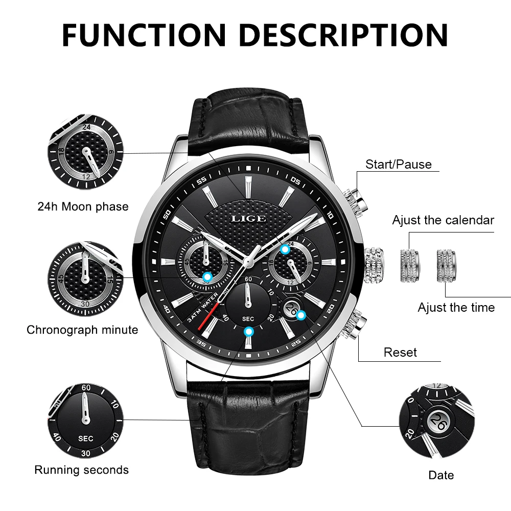 LIGE Fashion Men\'s Watches Top Brand Luxury Business Watch Man Sport Quartz Chronograph Waterproof Wristwatch Male Reloj Hombre