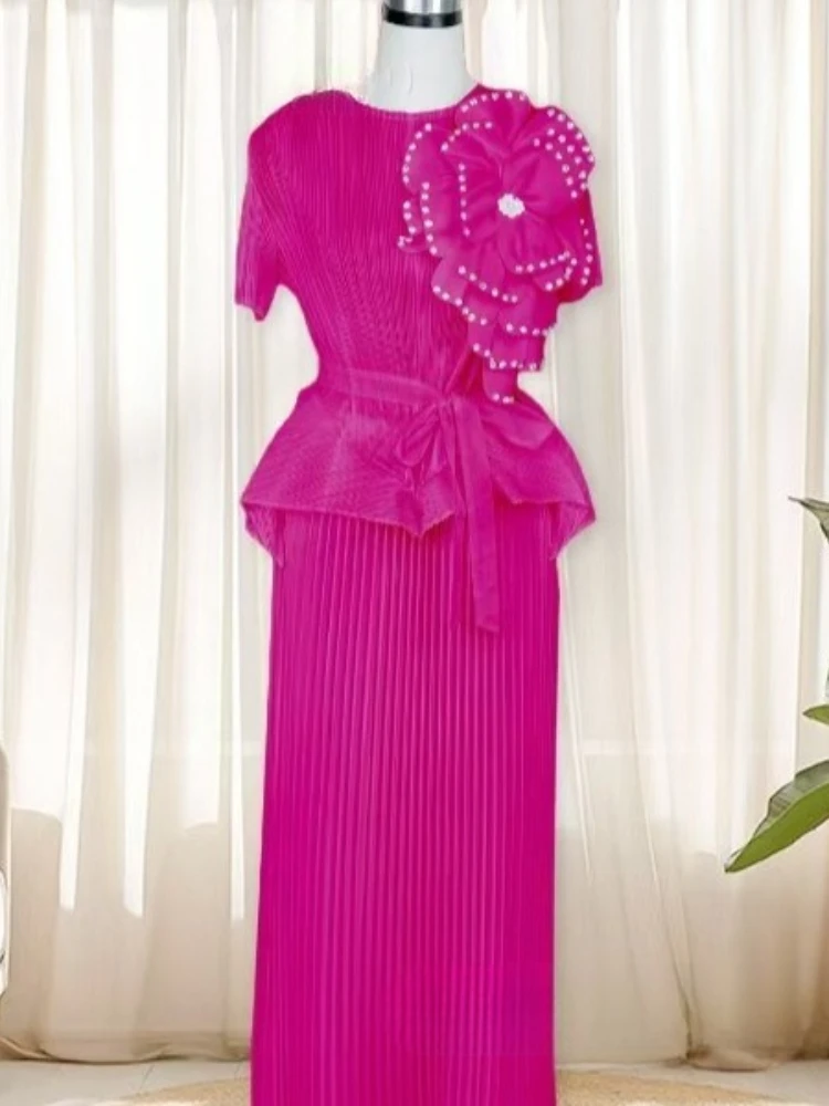 Miyake Pleated African Flower Top Set Embellished with Loose Temperament Elegant Solid Color Women's Two-piece Set