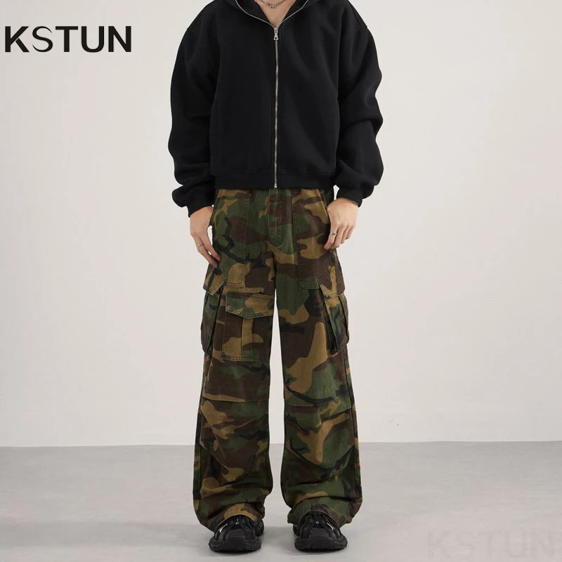 KSTUN Straight Men Wide Leg Pants Camouflage Cargo Pants Multi-Pockets Workwear American Vintage Casual Trousers 100% Cotton
