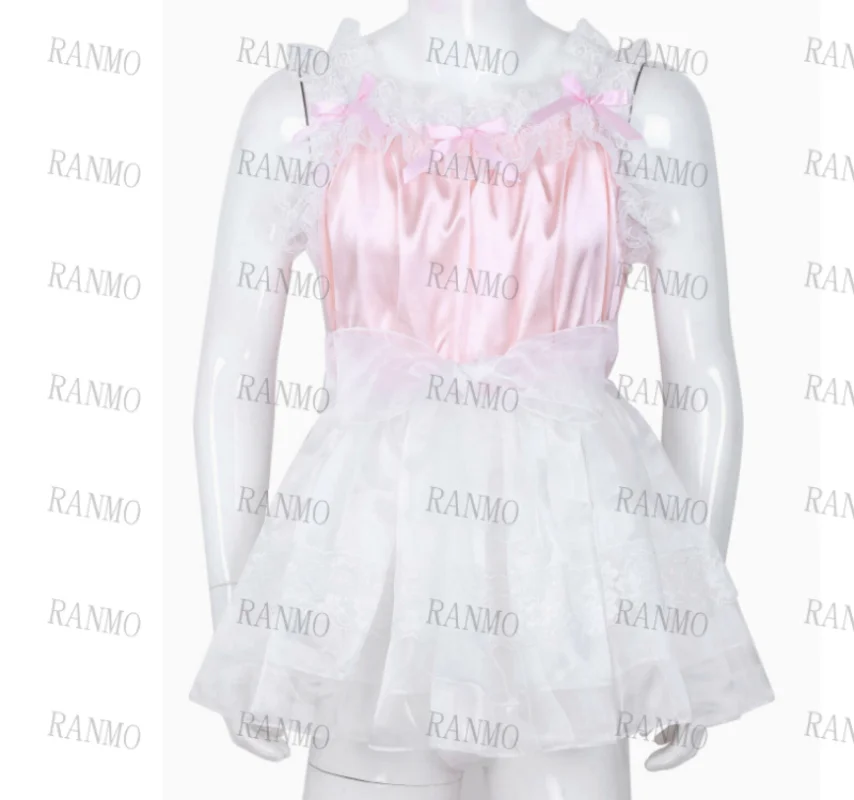 New Hot Selling Sexy Suspender Skirt with Satin Lace Stitching Pink White Stitching Cute Bow Tie Adult Girl Dress