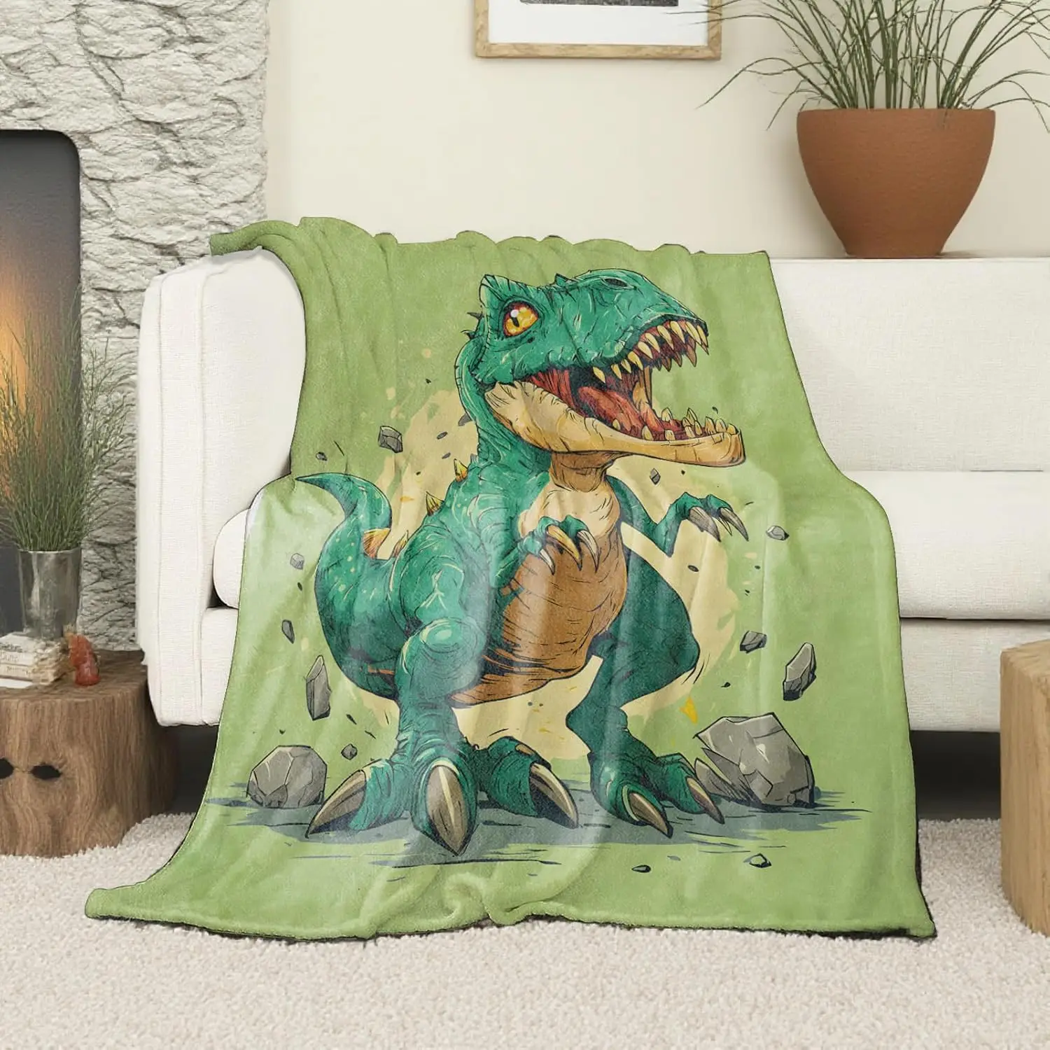 Cartoon Green T-Rex Dinosaur Flannel Throw Blanket Cool Tyrannosaurus Rock Burst Print Soft Warm Blanket for Kids Room Decor