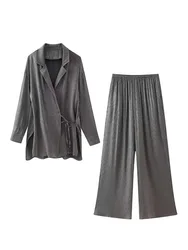 HH Women Summer Turn Down Collar Casual Long Sleeve Cardigan+Pocket Wrinkled-Effect Elastic Waist Wide Leg Pants 2 Piece Set