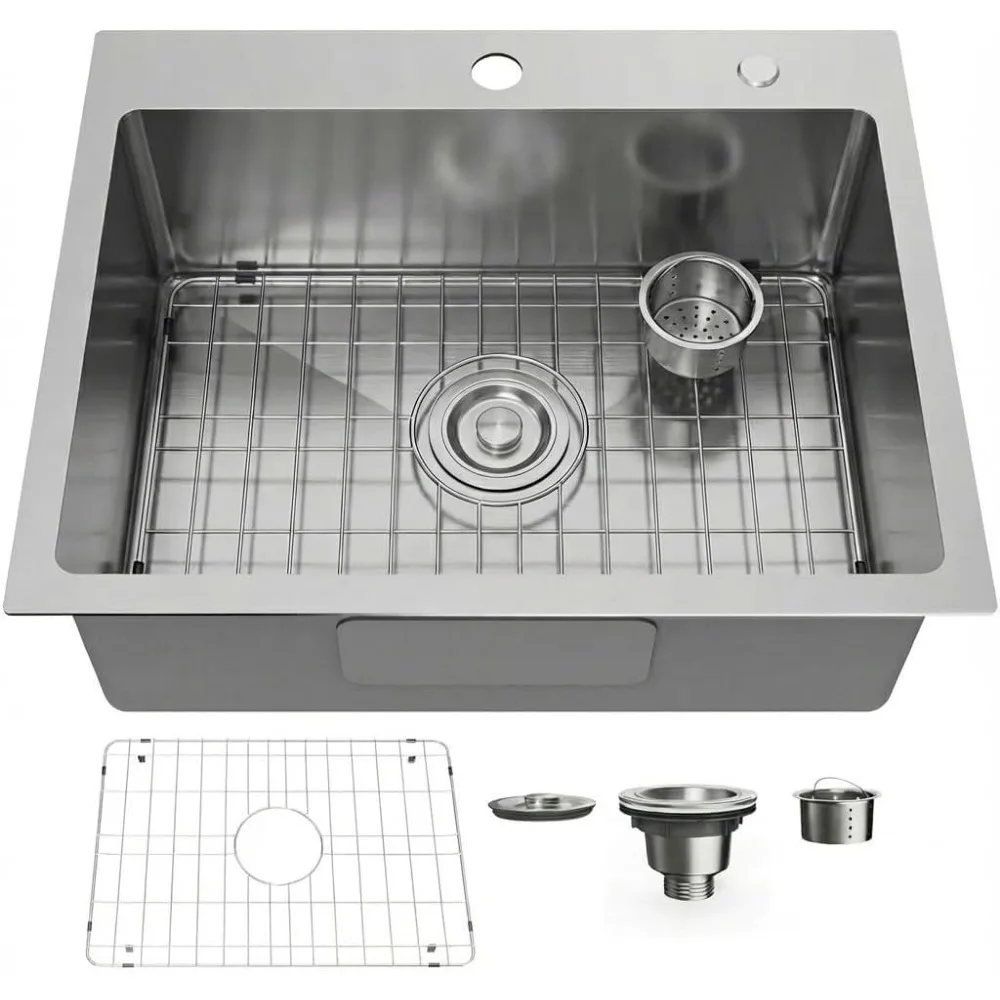 

Drop In 22x18 Inch Single Bowl Kitchen Sink 304 Stainless Steel Topmount with Drain Kit and Bottom Grid Brushed Finish
