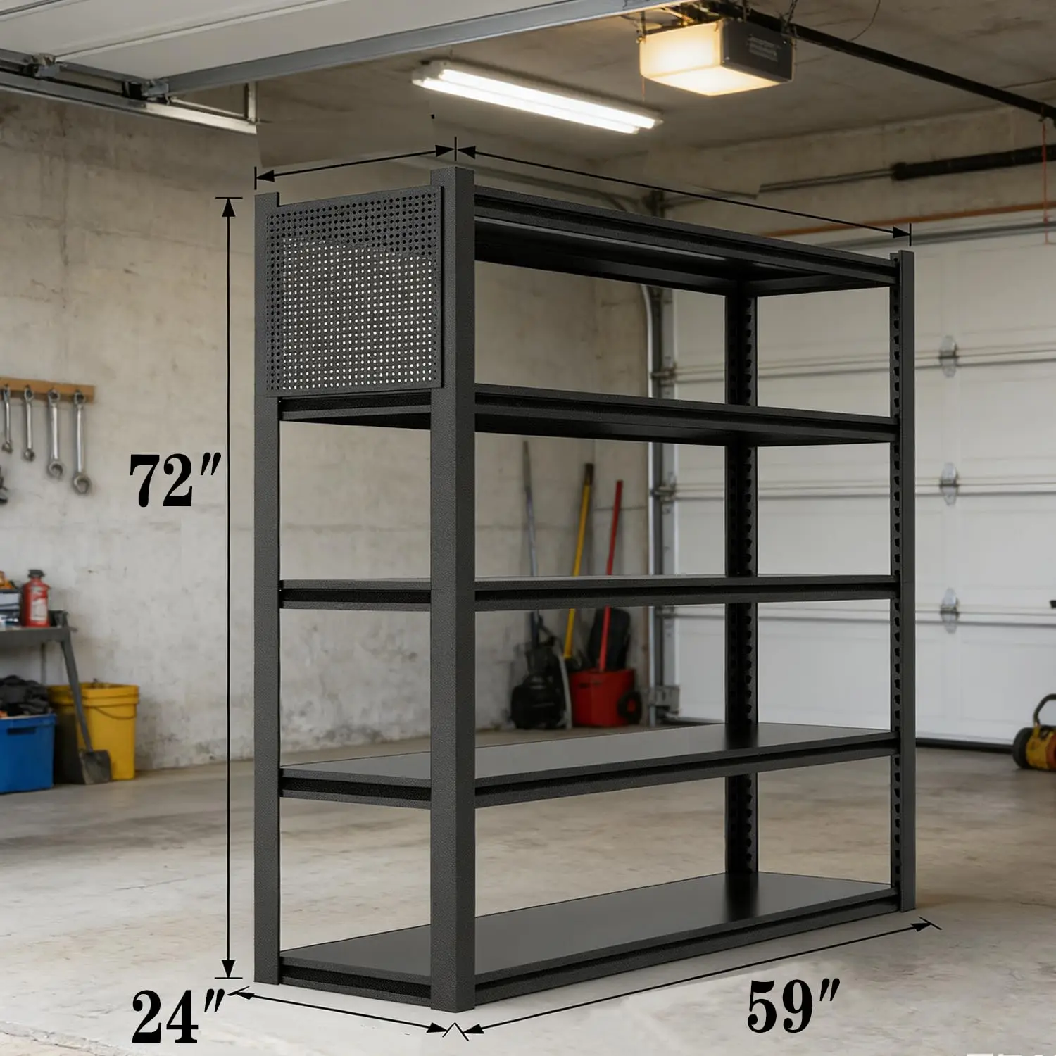 Heavy Duty 5-Tier Metal Storage Shelves with Pegboard Adjustable Garage Shelving Unit Industrial Rack Black, Customized