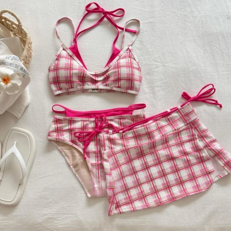 

American Style 2025 New Sexy Pink Sets Cute Print Swimsuit With Chest Pad Three-piece Split Bikini Set Fashion Beach Suit Summer