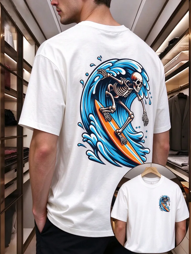 Mens Skeleton Surfing Back Print T-Shirt Skull Surfboard Blue Waves Orange Surfboard Casual Short Sleeve Soft Modal Tee