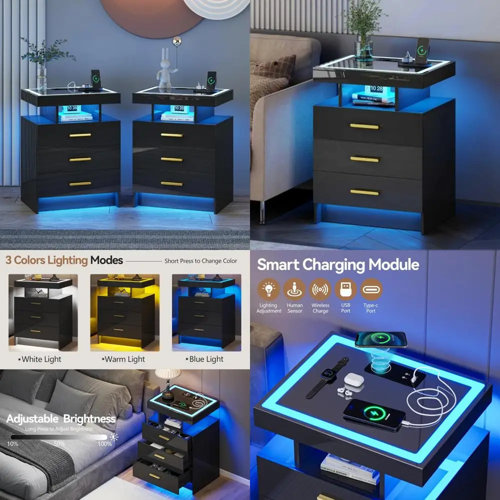 conjunto de mesa de cabeceira de carregamento de dupla função com 3 gavetas e mesa lateral de vidro multicolorida