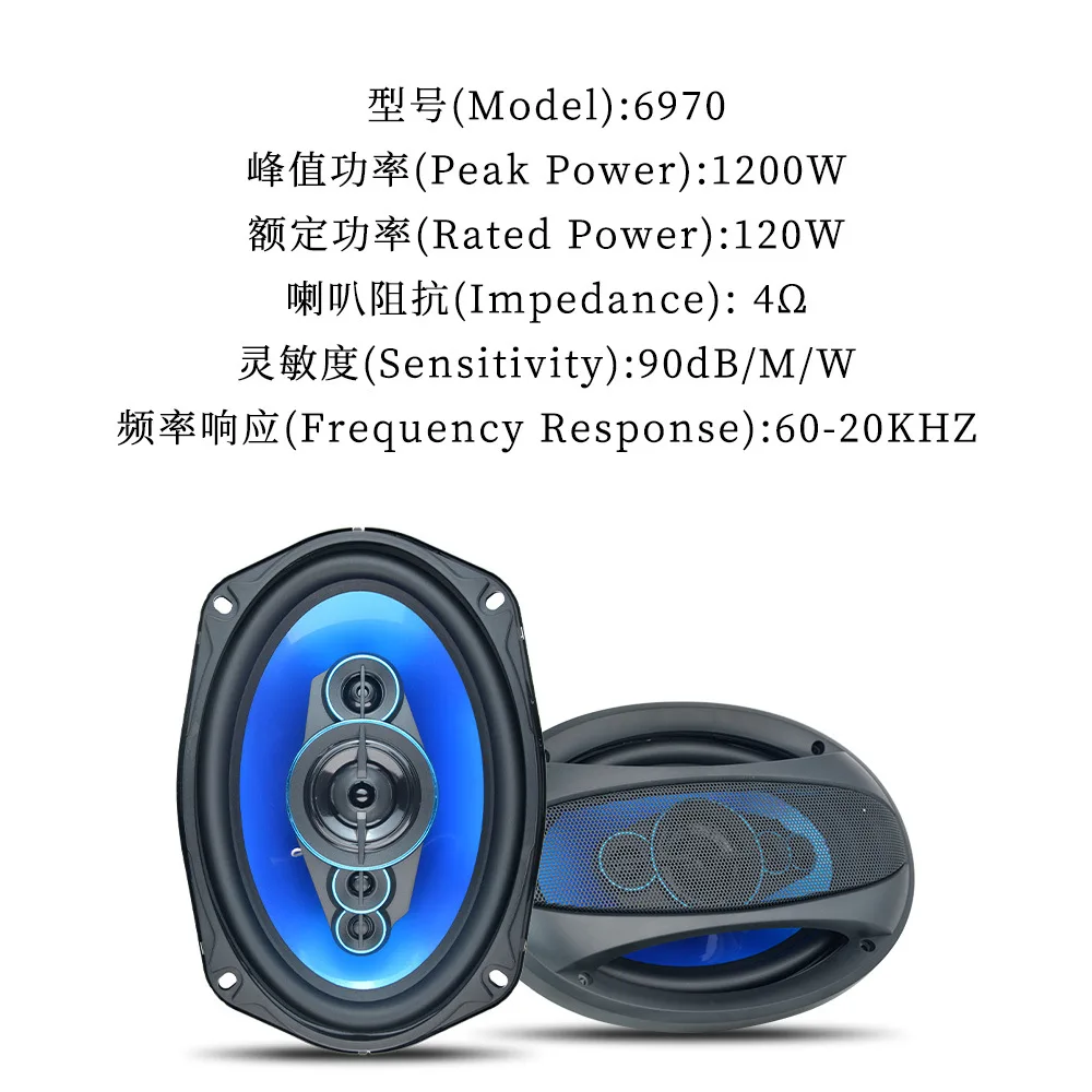 New 6x9 inch 6970 RMS power 120W 4OHM blue disc car modification full-range car audio coaxial speaker(1pair speakers)