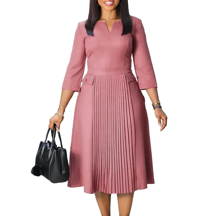 Plus Size Spring Autumn New Solid Color Matching V-Neck 3/4 Sleeves Fashion Commuting Slim Fit Midi Length Elegant Style Dress