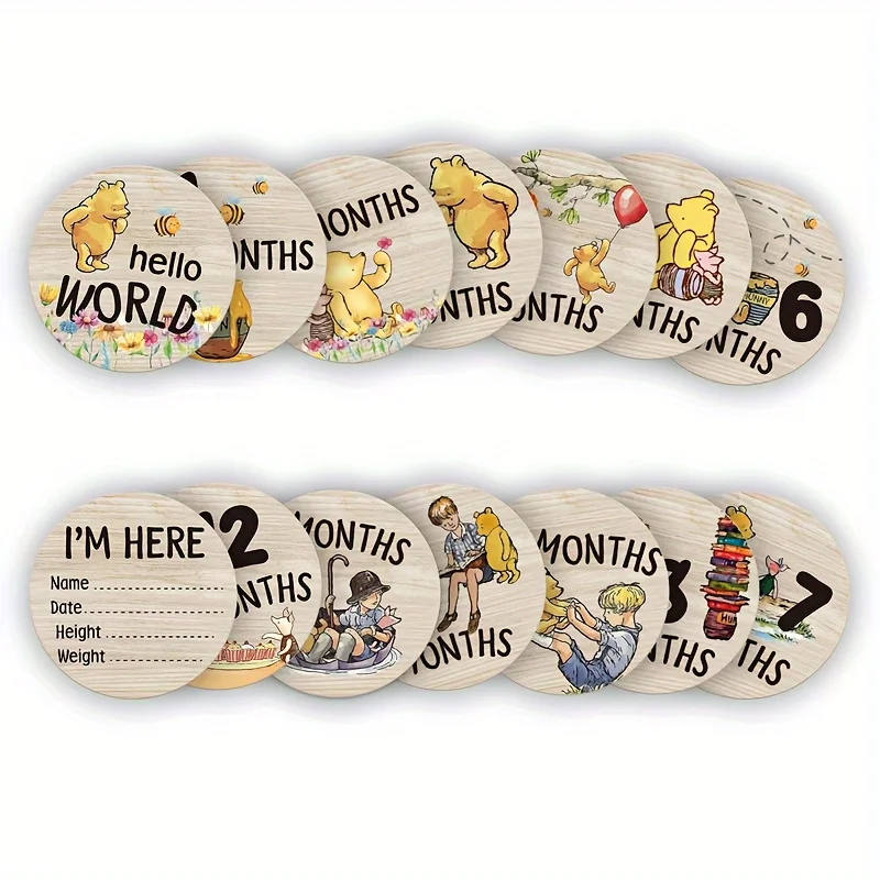 7 Double-Sided Newborn Milestone Cards with Bear Print HELLO WORLD Capture 1-12 Months Infant Growth with Photo Gift for Parents
