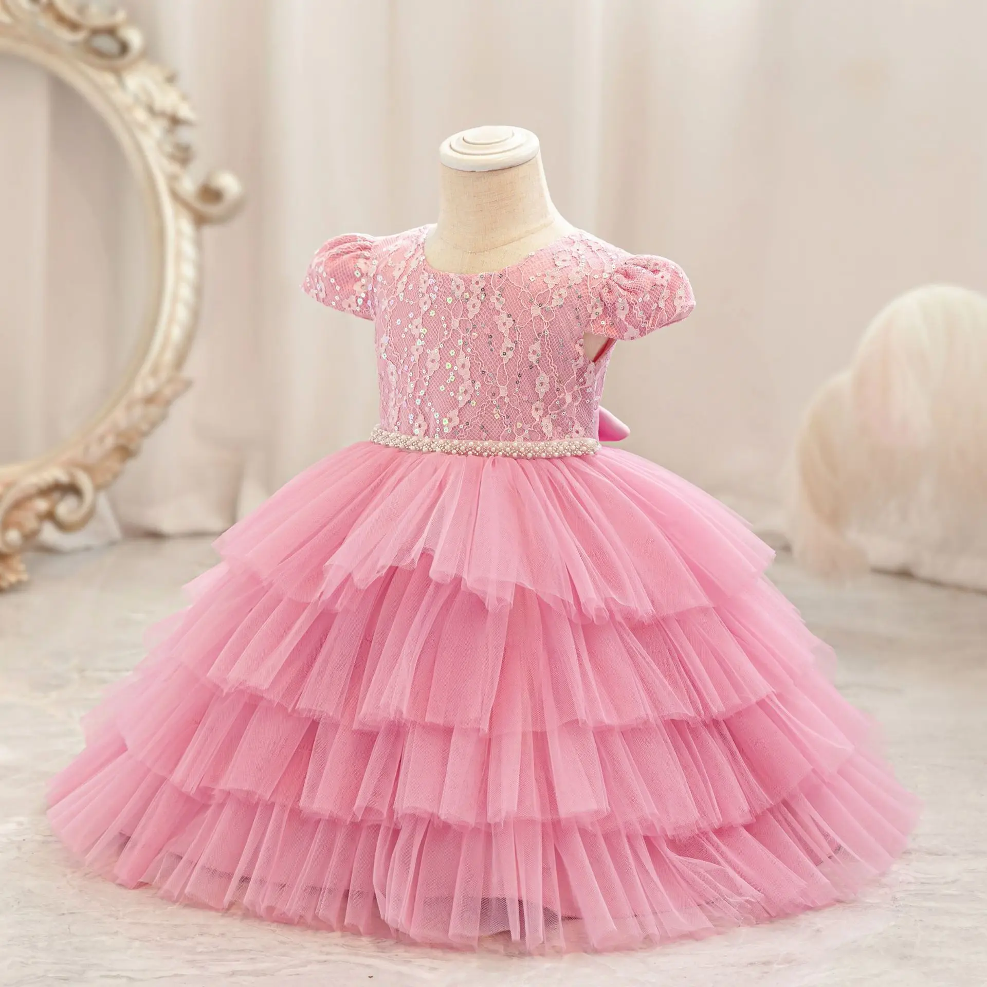 Baby Girl Weekend Birthday Party Princess Dress Mesh Sequined Children\'s Layered Wedding Costume Kids Sweetheart Clothes 6M-4T