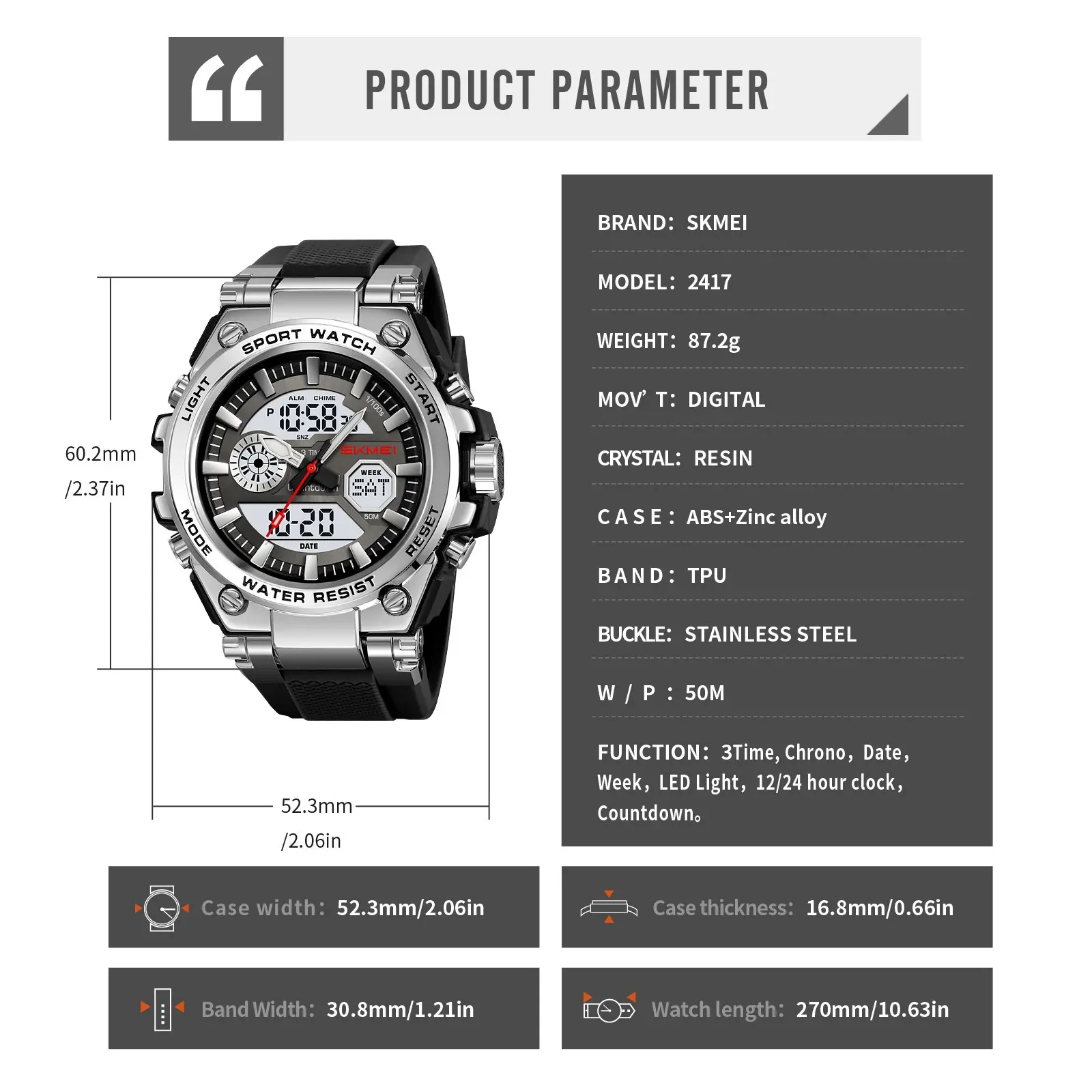 ساعات كوارتز رياضية مقاومة للماء تناظرية OutdoSKMEI 2417 رقمية عصرية #4