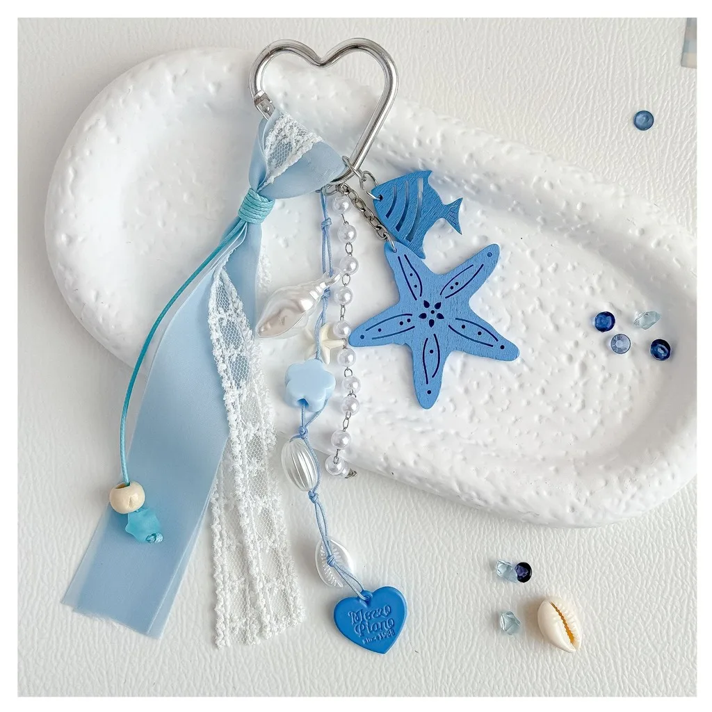 Blue Ocean Theme Ribbon Bow Keychain Heart Shape Carabiner Clip Resin Starfish Fish Shell Pearl Bead Boho Summer Beach Bag Charm