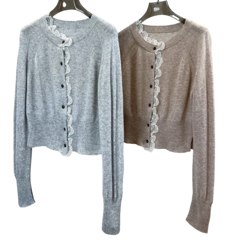 

Lace Crew-Neck Knited Cardigan Korean Cashmere Sweater Cardigan Short Bottoming Shirt knitwear suéteres croppedA25169