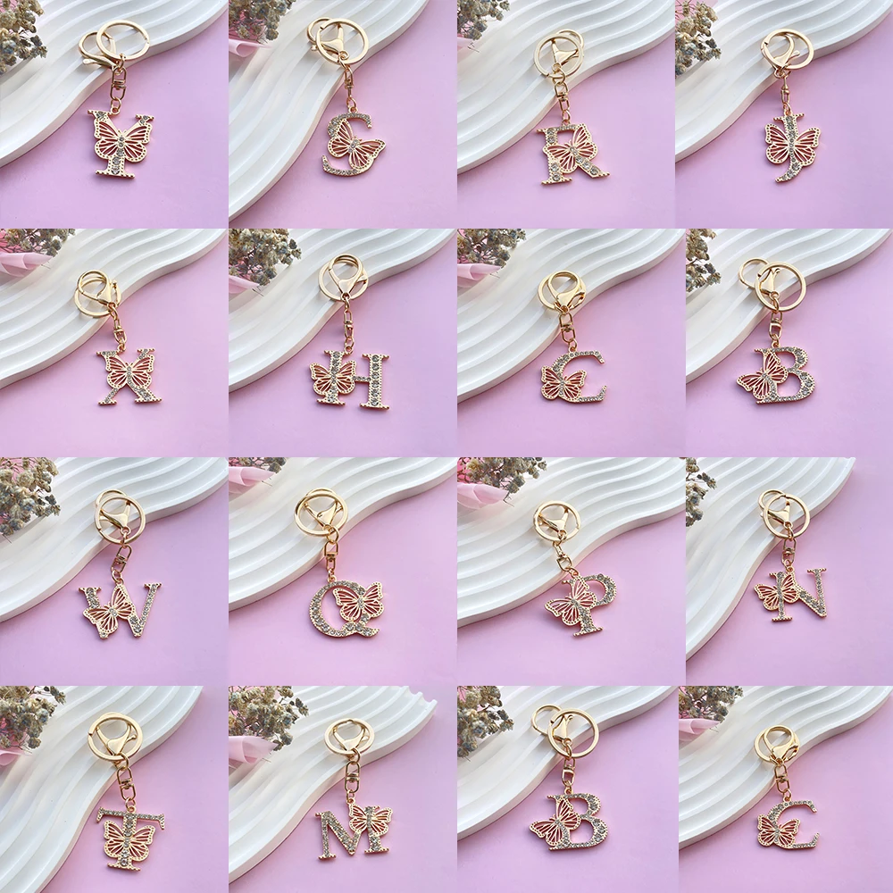 Exquisite Women Capital Letters Charms Keychain Initial A-Z 26 Butterfly Crystal Pearl Keyring Bag Decoration Pendant Girl Gift