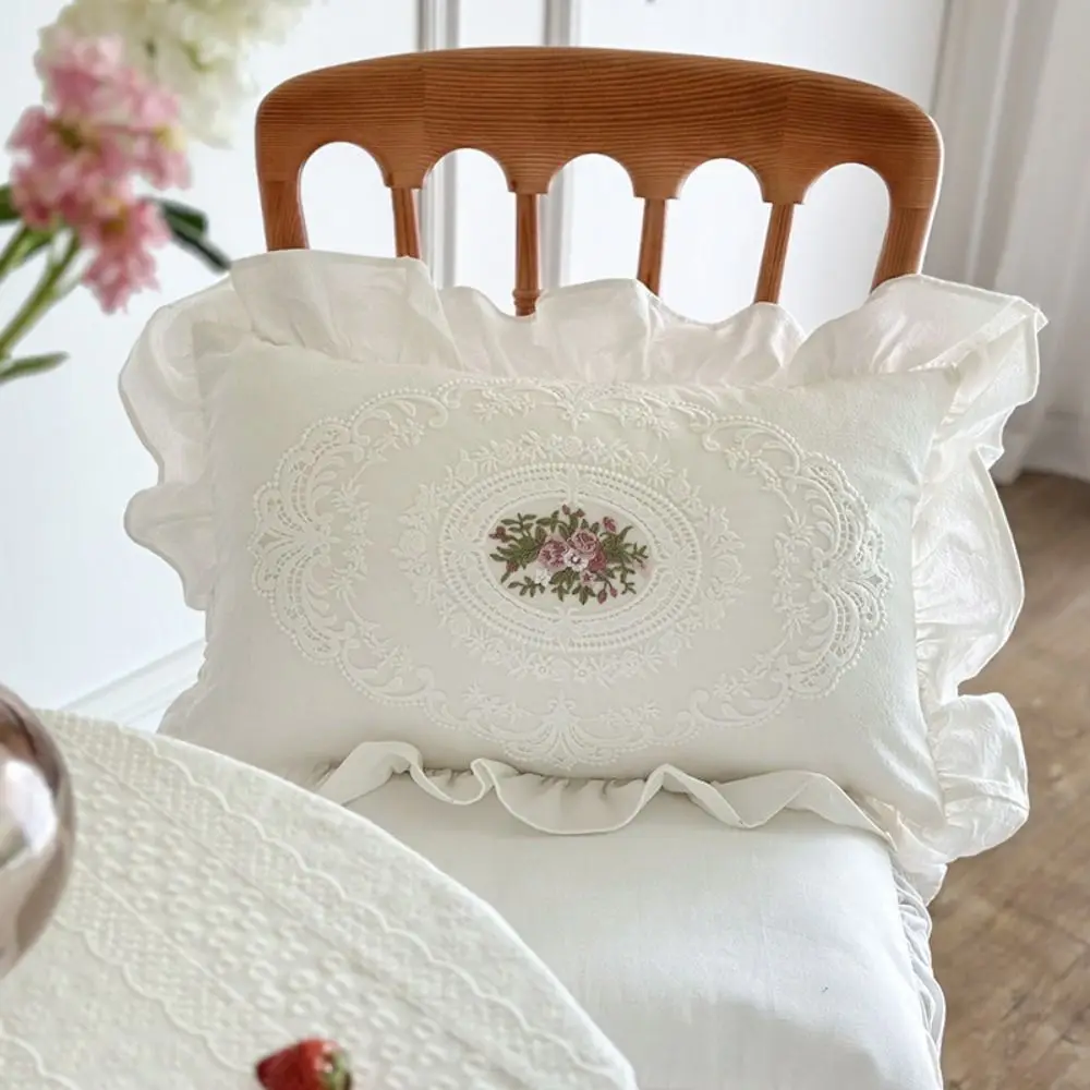 with Lotus Frill French Lace Pillow Cover Washed Material Comfortable White Cotton Pillow Case Soft Embroidered Cushion Cover