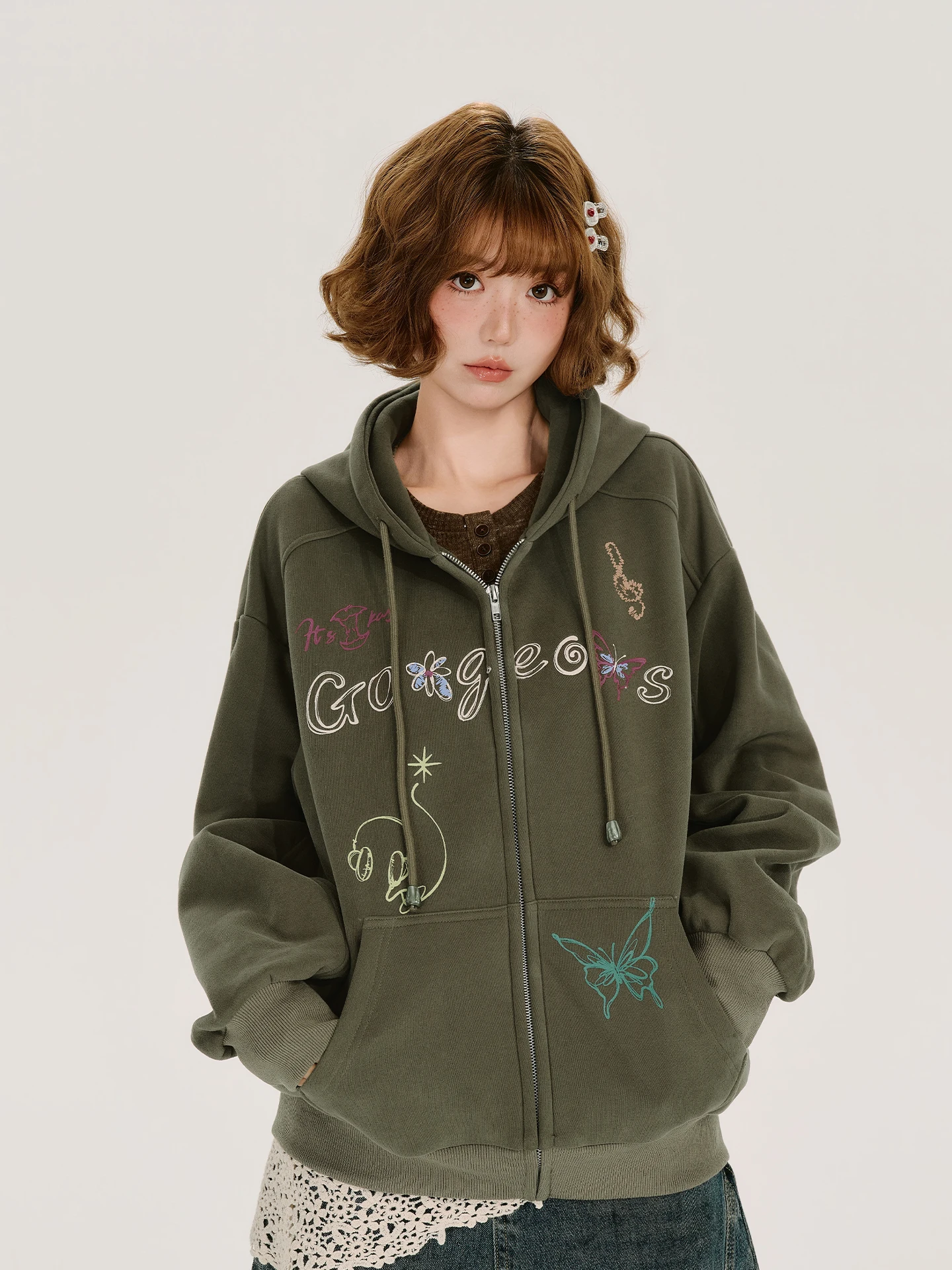 Girlyhalo American Style Vintage Hooded Printed Sweatshirt Cardigan Women's Autumn Winter Loose Casual Fleece Lined Jacket