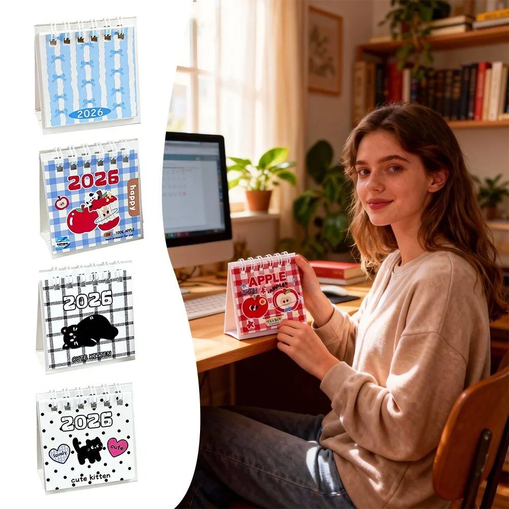 

Simple Mini 2026 Desk Calendar Bow Coil Binding Desktop Calendar Portable Cartoon Daily Planner Gifts