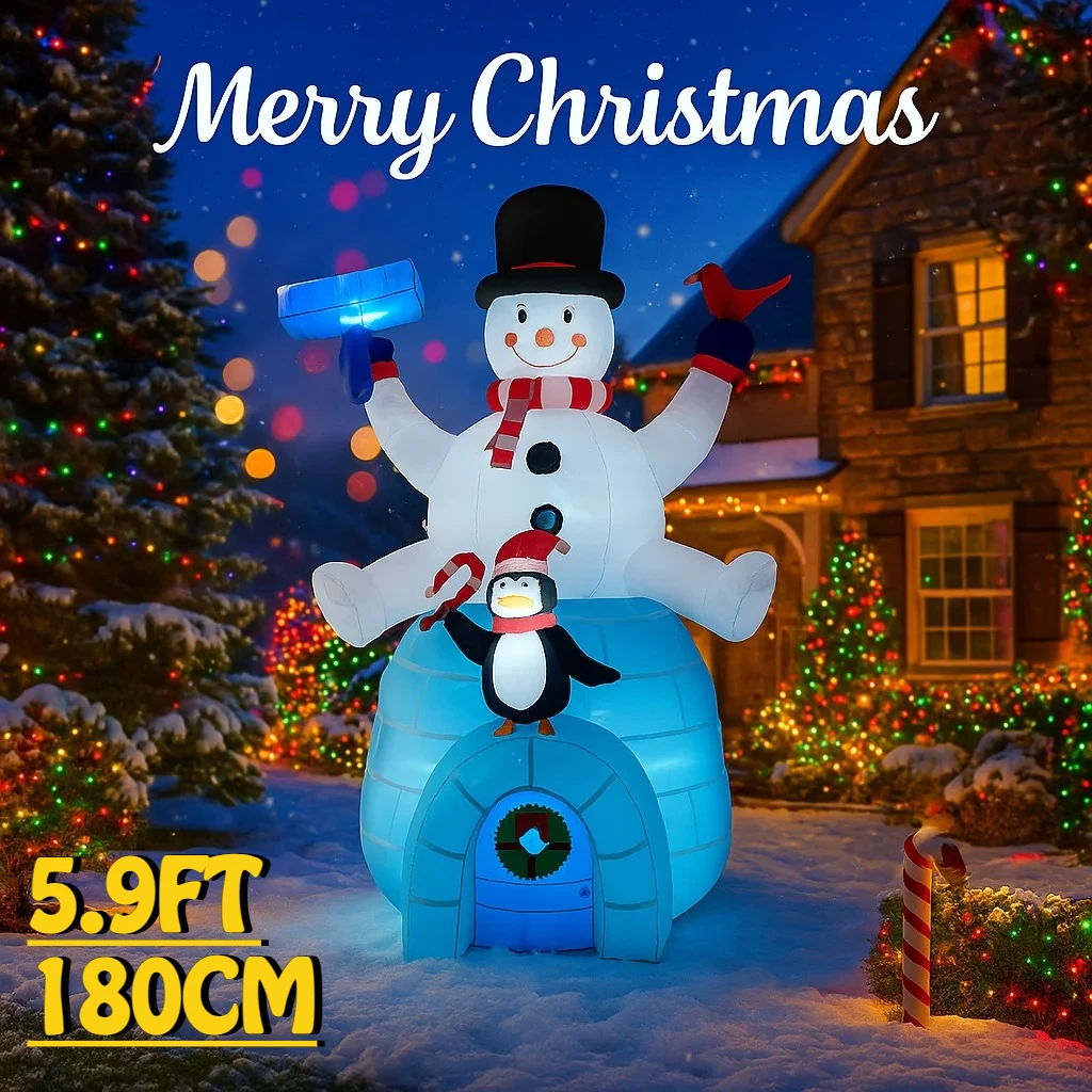 1.8M/5.9FT Snowman Penguin Igloo Inflatable Model Christmas Decoration LED Light Outdoor Holiday Decor Home Yard Party Decor Toy