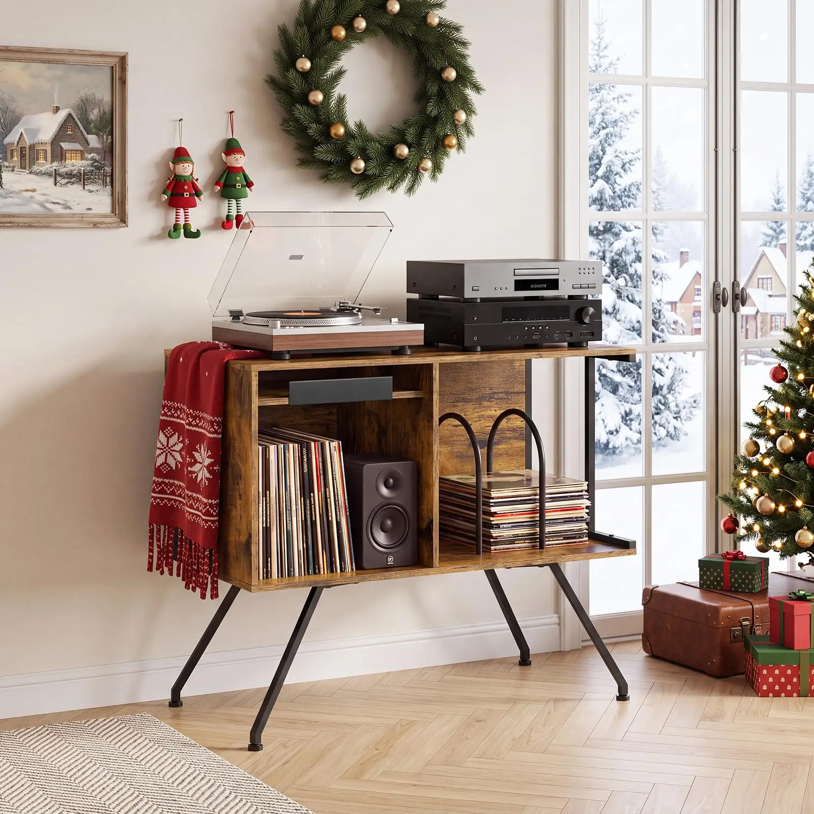 31.5in Record Player Stand With Storage, Flip Top Vinyl Record Cabinet For 150+ Albums, Turntable Table With Dividers