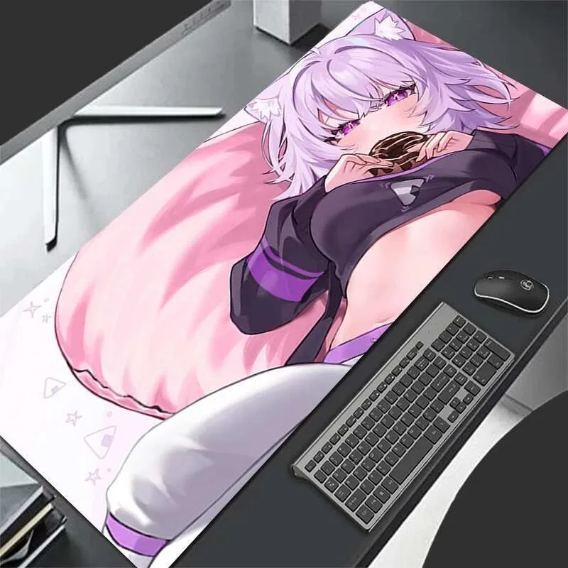 Rubber Mouse Pad Gaming Mouse Pad, Large Desk Mat, Anti-slip, Stitched Edges, Purple Hair Cat Ear Girl Print, Keyboard Pad