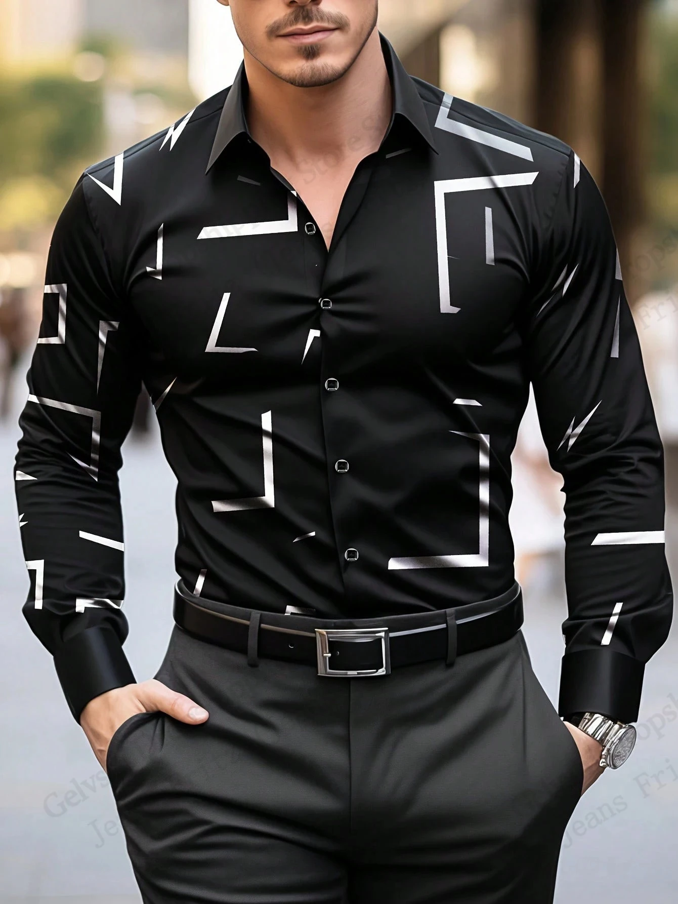 Mens Formal Business Long Sleeve Geometric Single-Breasted Shirt Lines 3d Print Graphic Shirt Men Fashion Hawaiian Office Blouse