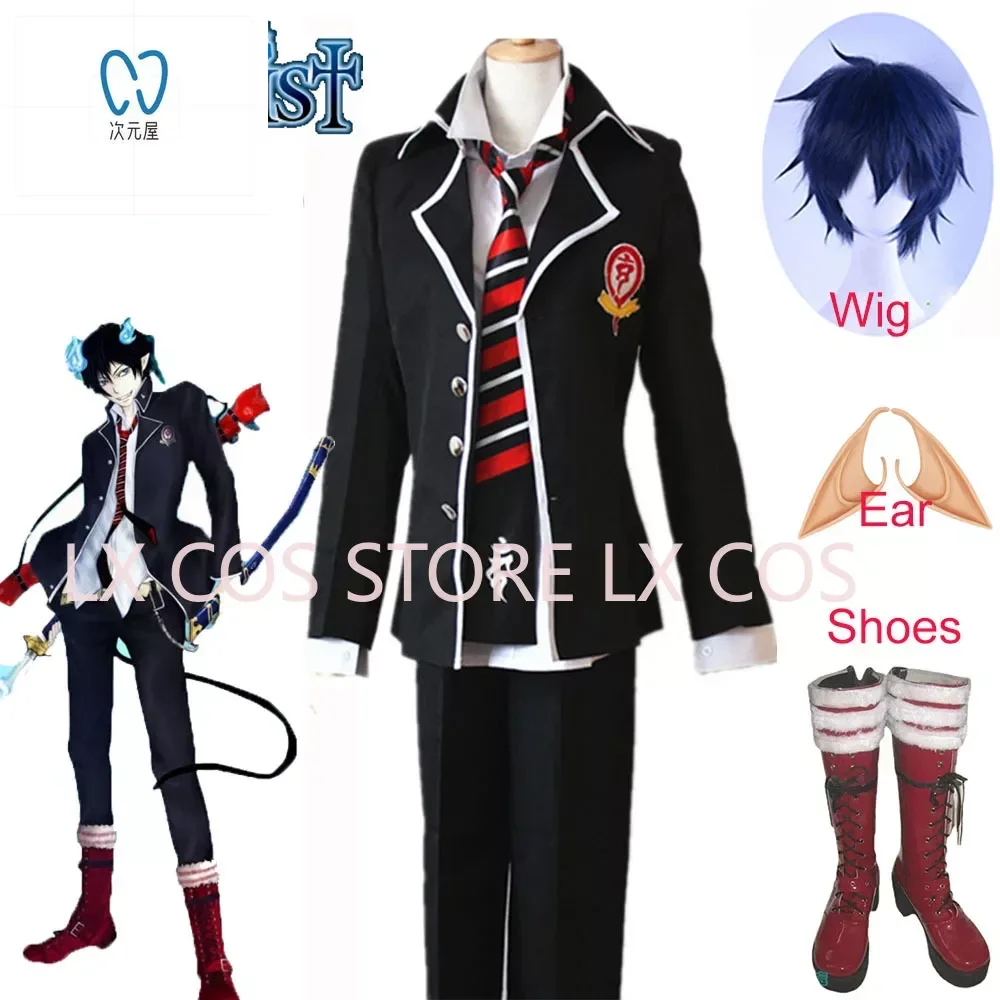 Anime Ao no Exorcist Cosplay Blue Exorcist Okumura Rin Cosplay Costume School Uniform Men Outfits Blue Short Wig Ears Shoes