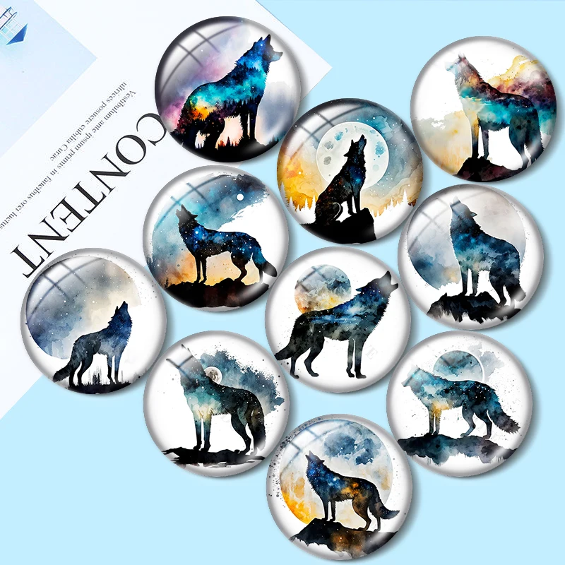 

Watercolor spray painted wild wolf pattern DIY 12mm/18mm/20mm/25mm diy Round photo glass cabochon demo flat back Making findings