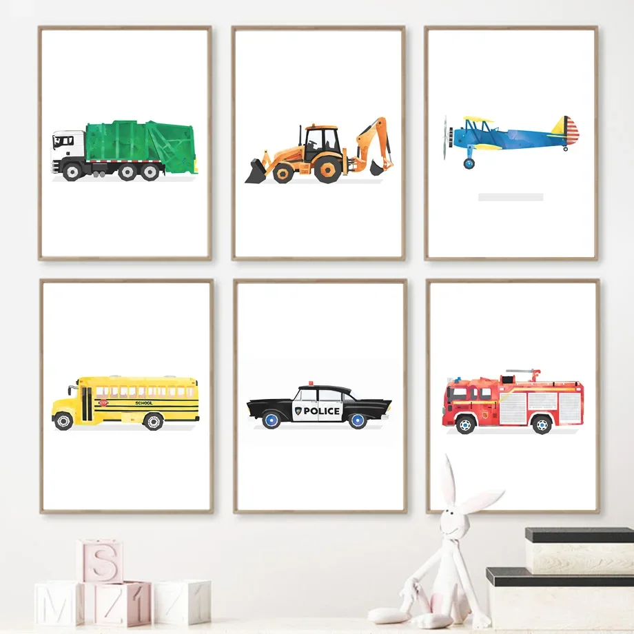 School Bus Firetruck Garbage Car Alphabet Number Wall Art Canvas Painting Nordic Poster And Print Wall Pictures Kids Room Decor