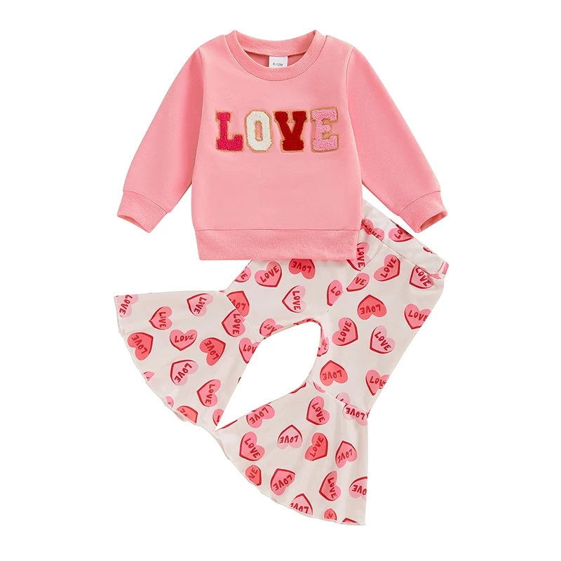 Toddler Baby Girl Valentines Day Outfit Letter Embroidery Crewneck Sweatshirt Top Heart Flare Pants Clothes Set