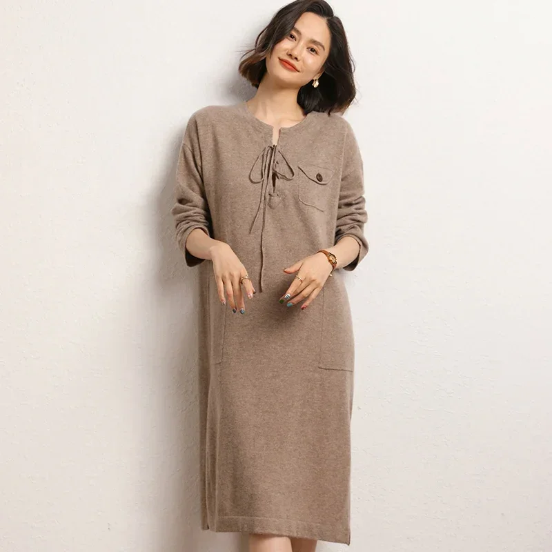 Autumn Winter New 100% Cashmere Sweater Dress Women Casual Long Dresses Female Loose Large Size Knitted Pullover Lady Clothing