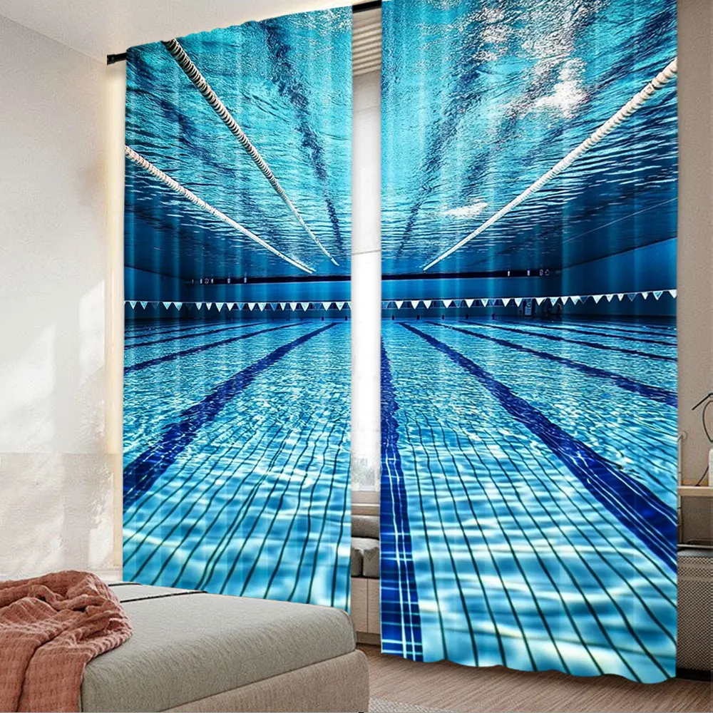 2Pcs Blue Swimming Pool Sports Theme Curtain Fitness Swim Competition Exercise Window Drapes Perfect For Living Room Game Room