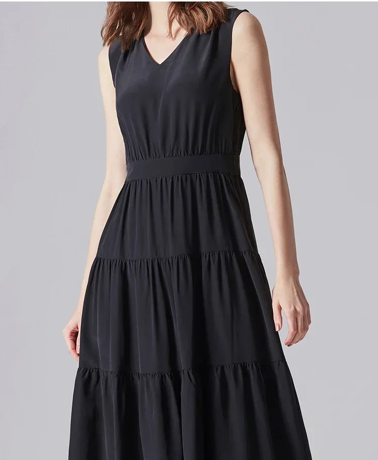 فستان نسائي عالي الخصر 100% فساتين حريرية حقيقية للنساء 2024 فستان أسود ميدي فستان صيفي نسائي عتيق Zjt2218