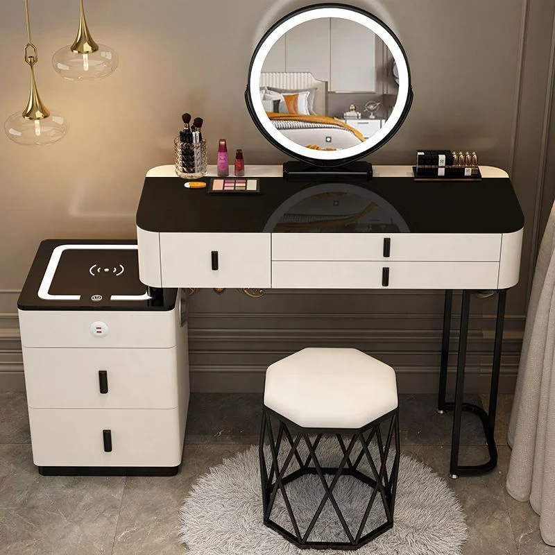 Modern Minimalist Multi-functional Solid Wood Smart Dressing Table With LED Mirror MDF Bedroom Makeup Vanity Table