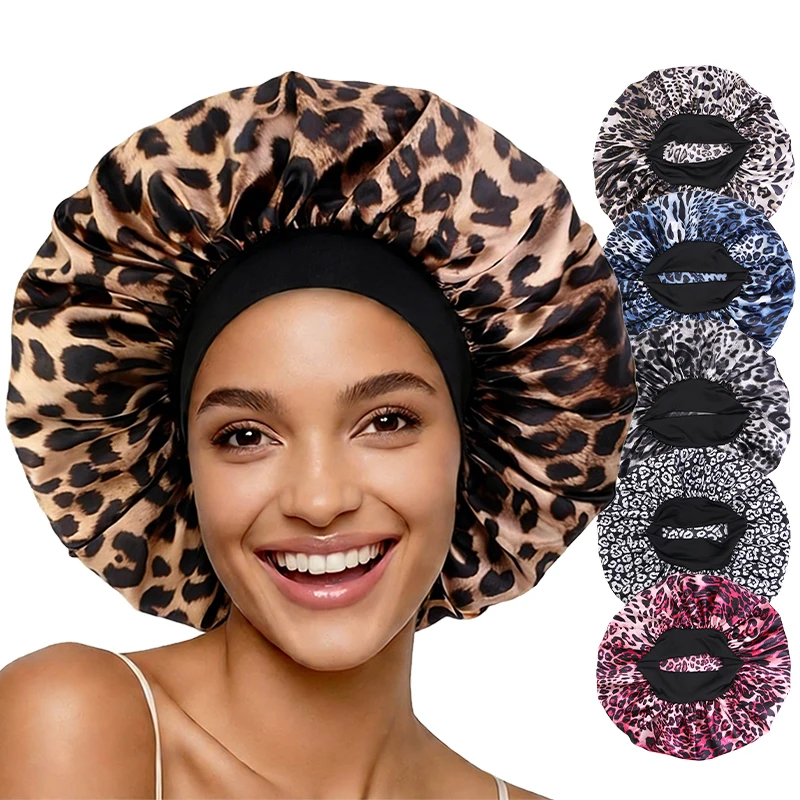 Leopard Print Satin Bonnet Sleeping Cap Shower Edge Wrap Cover Nightcap For Women Long Hair