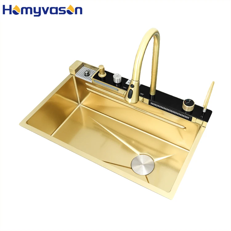 فاخر 304 الفولاذ المقاوم للصدأ Led نانو العسل الحديثة بالوعة البيانو مفتاح الذهب متعددة الوظائف الذكية شلال حوض المطبخ الرقمي