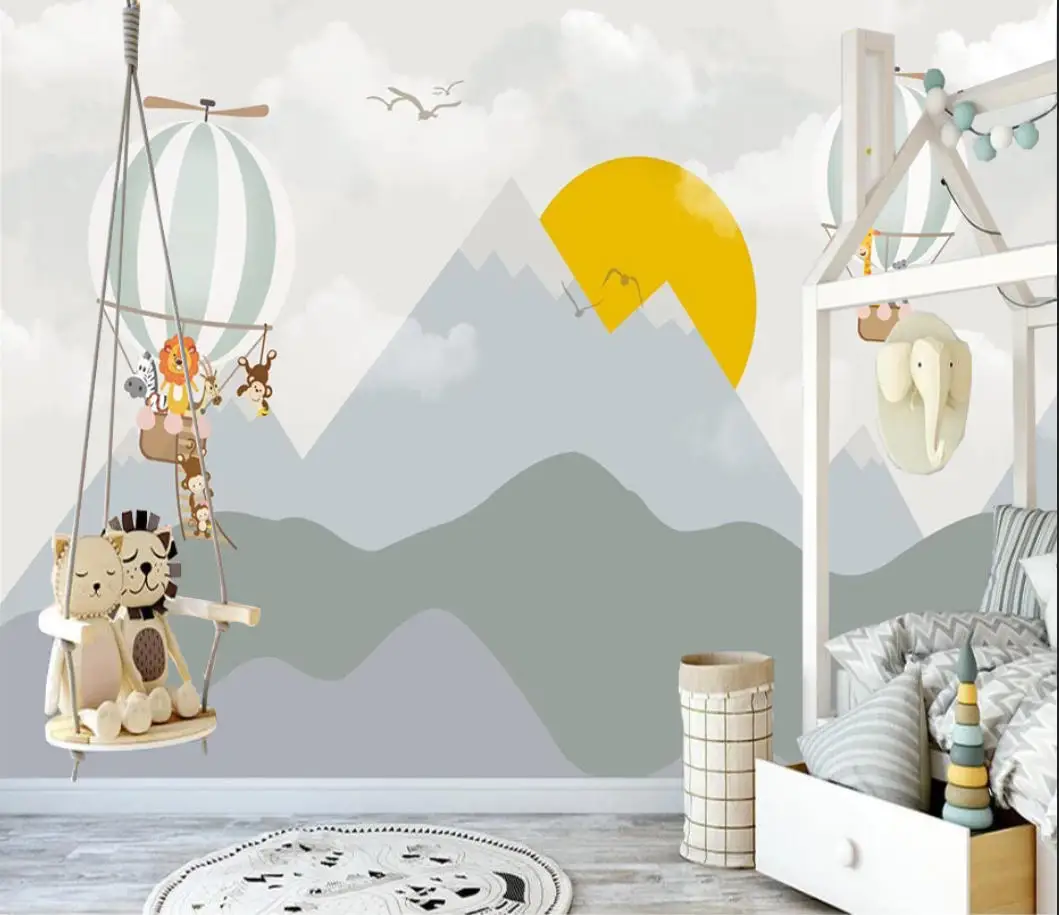 Custom wallpaper mural cartoon small animal aircraft Hot air balloon sky children's room background wall decorative painting