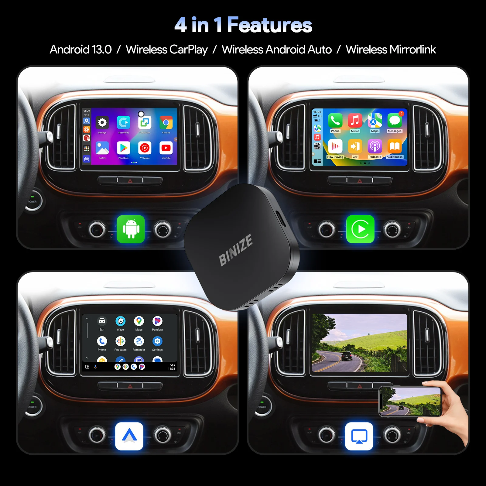 Binize Carplay Ai Box Android 13.0 Wireless Carplay / Android Auto 4-Core 2G 32G para Volvo Mazda VW Kia Toyota