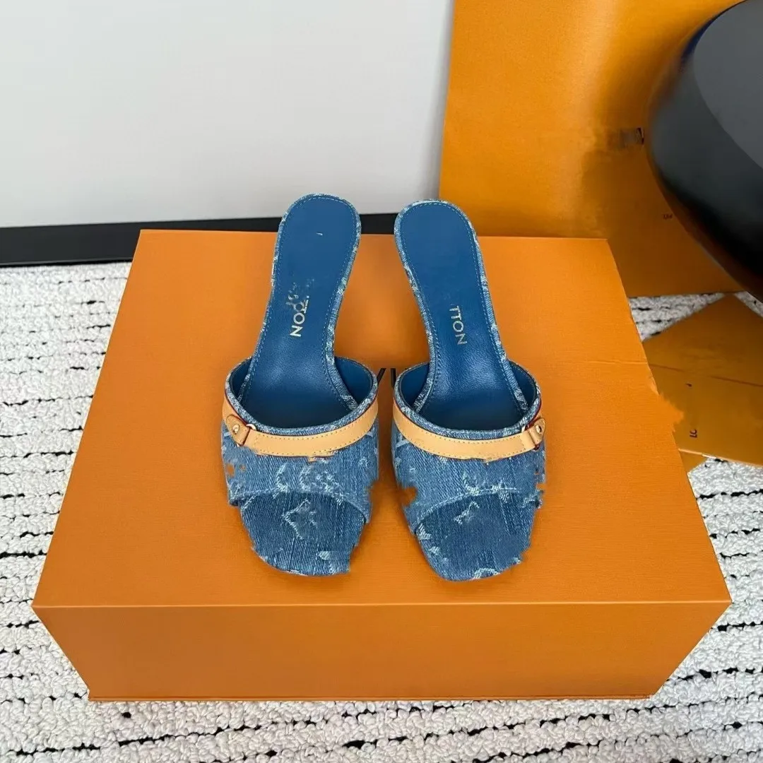 Fitflop 2025 New Fashionable Denim Color Block Sandals Thin Heel Open Toe