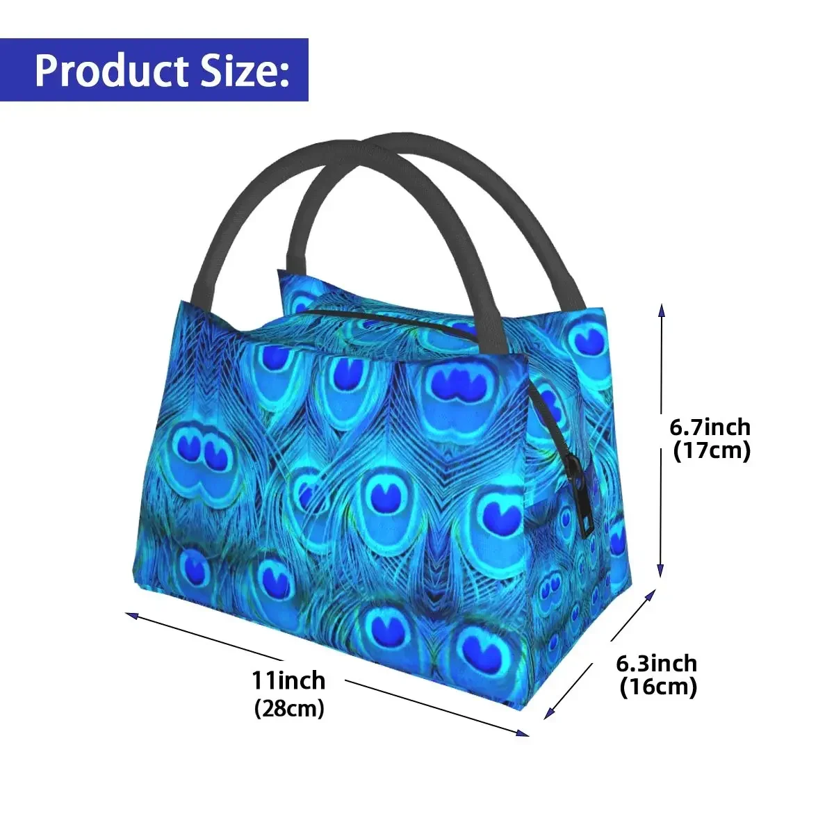 Peacock Feather Design Lunch Bag Blue Animal Portable Zipper Lunch Box School Print Cooler Bag Vintage Oxford Tote Food Bags