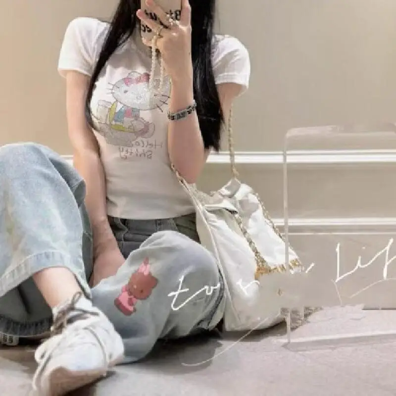 Sanrio novo bonito jeans olá kitty jeans estilo americano retro graffiti solto olhar mais fino estudante calças retas menina