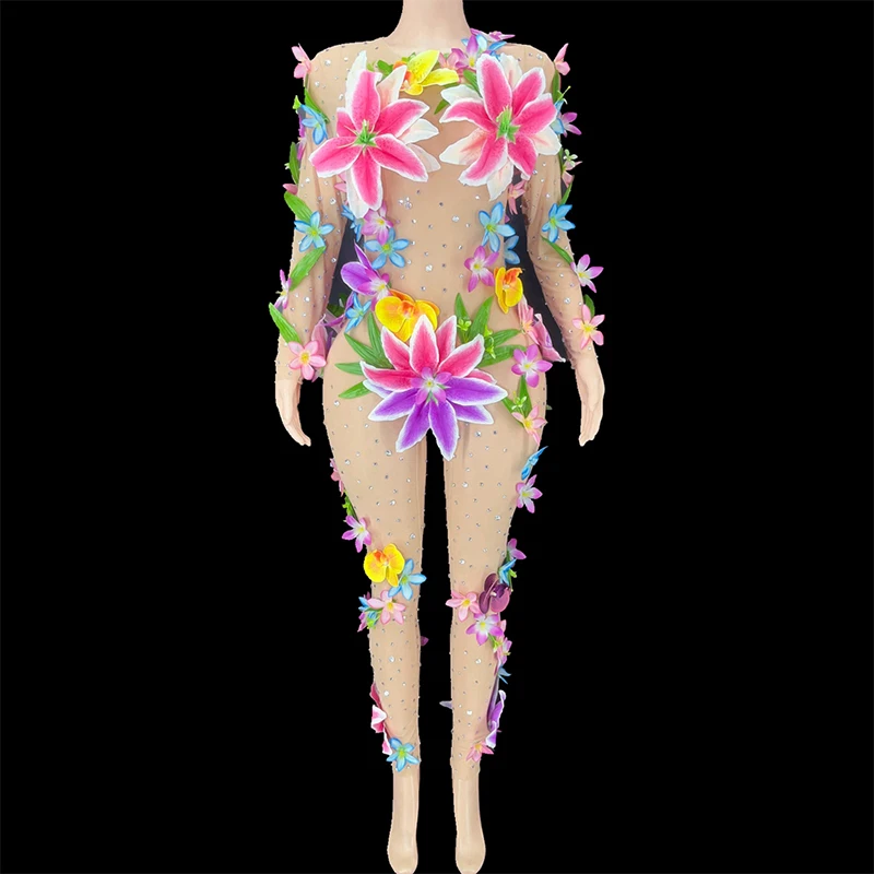 

Rhinestone Sexy Colorful Flowers Mesh Jumpsuit Women Stretch Stage Costume