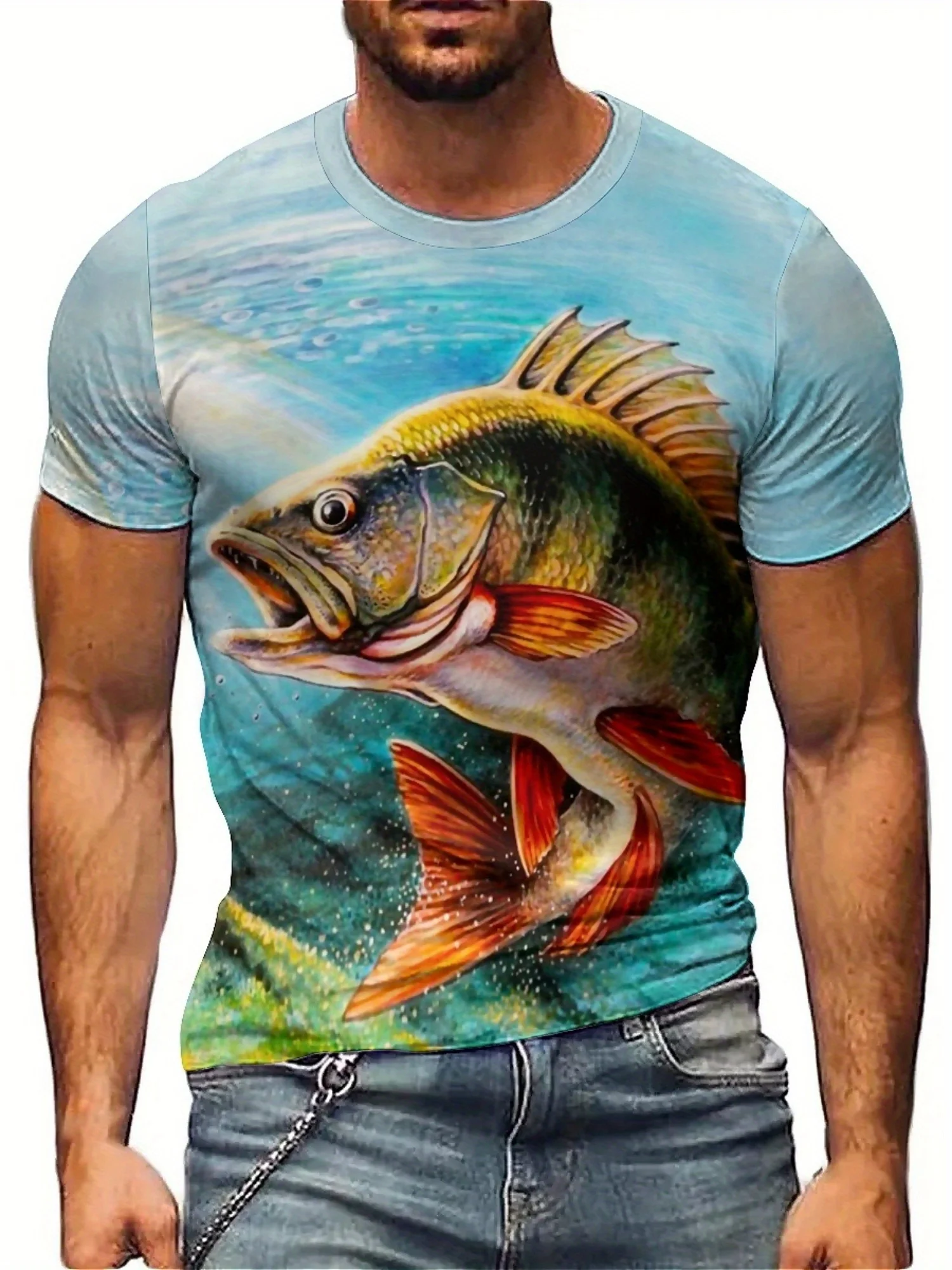 تي شيرت رجالي بطبعة سمكة ثلاثية الأبعاد - بوليستر ناعم، كم قصير، رقبة دائرية، تصميم صياد أزرق ملون